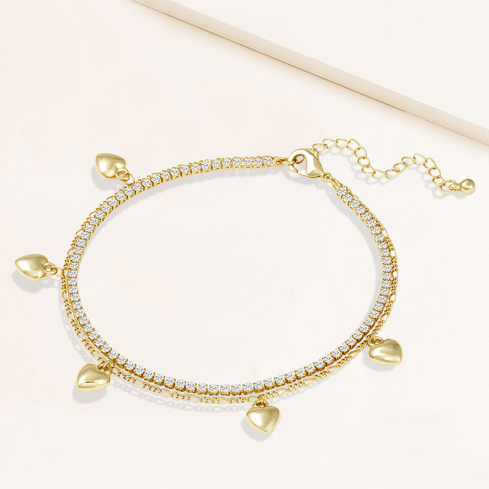 "Sweetheart" 4.1CTW Prong- Set Round Cut Tennis & Heart Charms Figaro Chain Layered Anklet