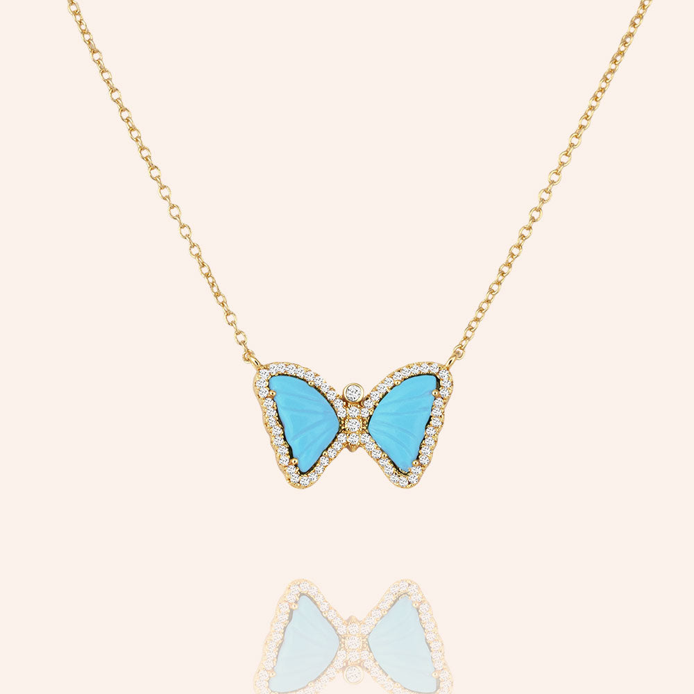 "Free Spirit" 1.2CTW Carved Turquoise or Pink Spinel Butterfly Pendant Necklace