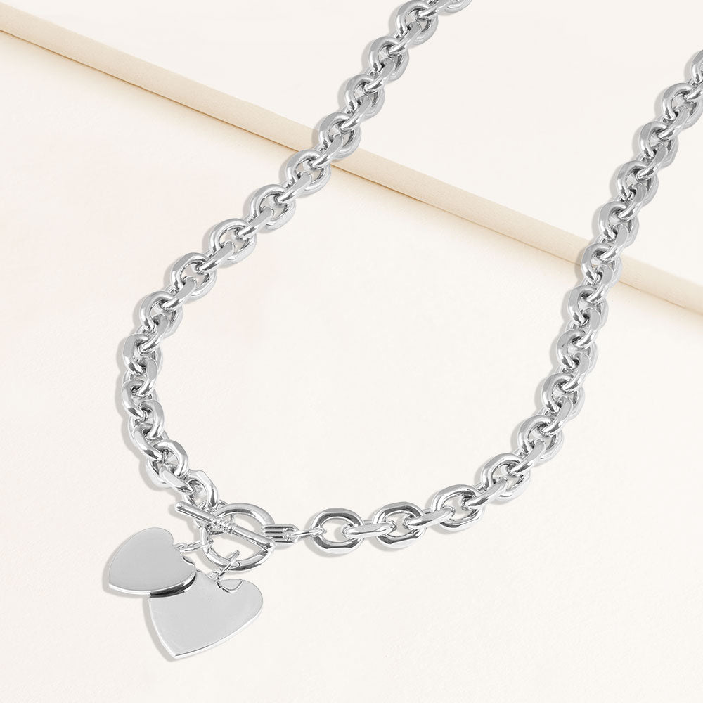 "Double Love" Heart Pendants Oval Link Chain Toggle Necklace