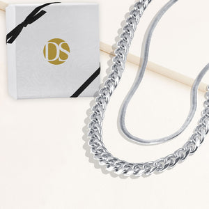 "Lola Duo" Set of Two Herringbone & Large Curb Chain Layering Necklaces