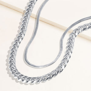 "Lola Duo" Set of Two Herringbone & Large Curb Chain Layering Necklaces