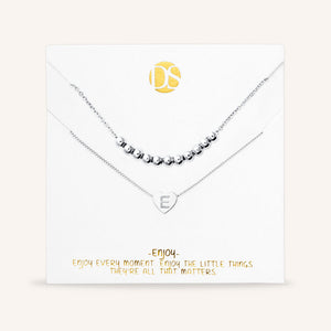 "Love Letter" Set of Two Heart Initial Charm & Polished Beads Layering Necklaces