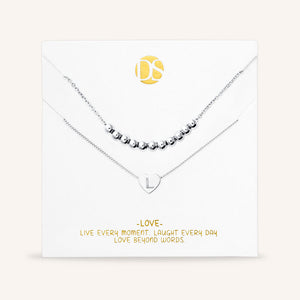 "Love Letter" Set of Two Heart Initial Charm & Polished Beads Layering Necklaces