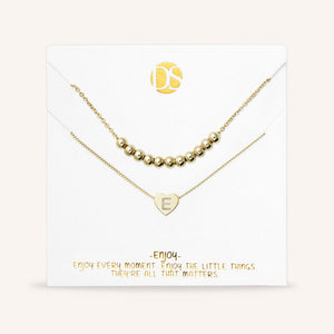 "Love Letter" Set of Two Heart Initial Charm & Polished Beads Layering Necklaces