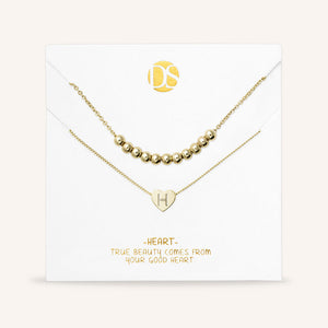 "Love Letter" Set of Two Heart Initial Charm & Polished Beads Layering Necklaces