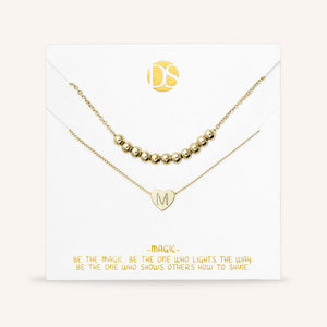 "Love Letter" Set of Two Heart Initial Charm & Polished Beads Layering Necklaces