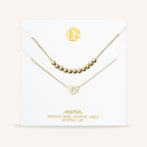 "Love Letter" Set of Two Heart Initial Charm & Polished Beads Layering Necklaces