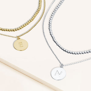 "One and Only" Set of Two Initial Disc & Polished Beads Layering Necklaces