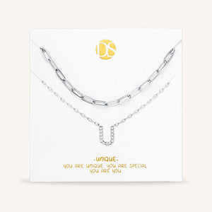 "My Own Sparkle" Set of Two Pave Initial & Clip Chain Layering Necklaces