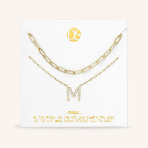 "My Own Sparkle" Set of Two Pave Initial & Clip Chain Layering Necklaces