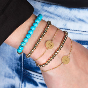 "One and Only" Set of Two Initial Disc & Stretch Polished Beads Layering Bracelets