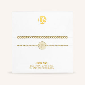 "One and Only" Set of Two Initial Disc & Stretch Polished Beads Layering Bracelets