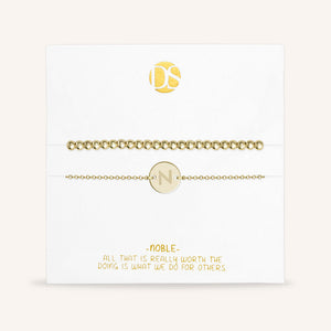 "One and Only" Set of Two Initial Disc & Stretch Polished Beads Layering Bracelets