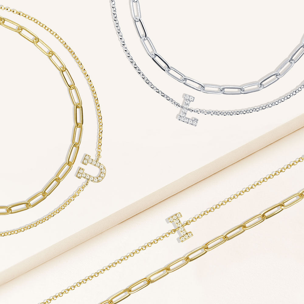 "My Own Sparkle" Set of Two Pave Initial & Clip Chain Layering Bracelets