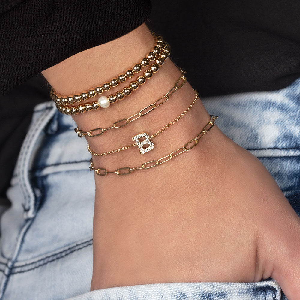 "My Own Sparkle" Set of Two Pave Initial & Clip Chain Layering Bracelets