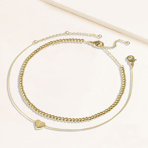"Love Letter" Set of Two Initial Charm & Polished Beads Layering Anklets