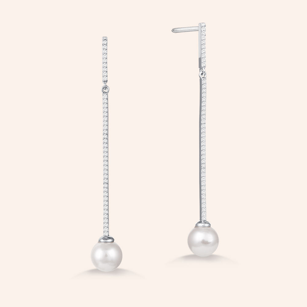 "Fairytale" 1.6CTW Pave Linear Pearl Drop Earrings