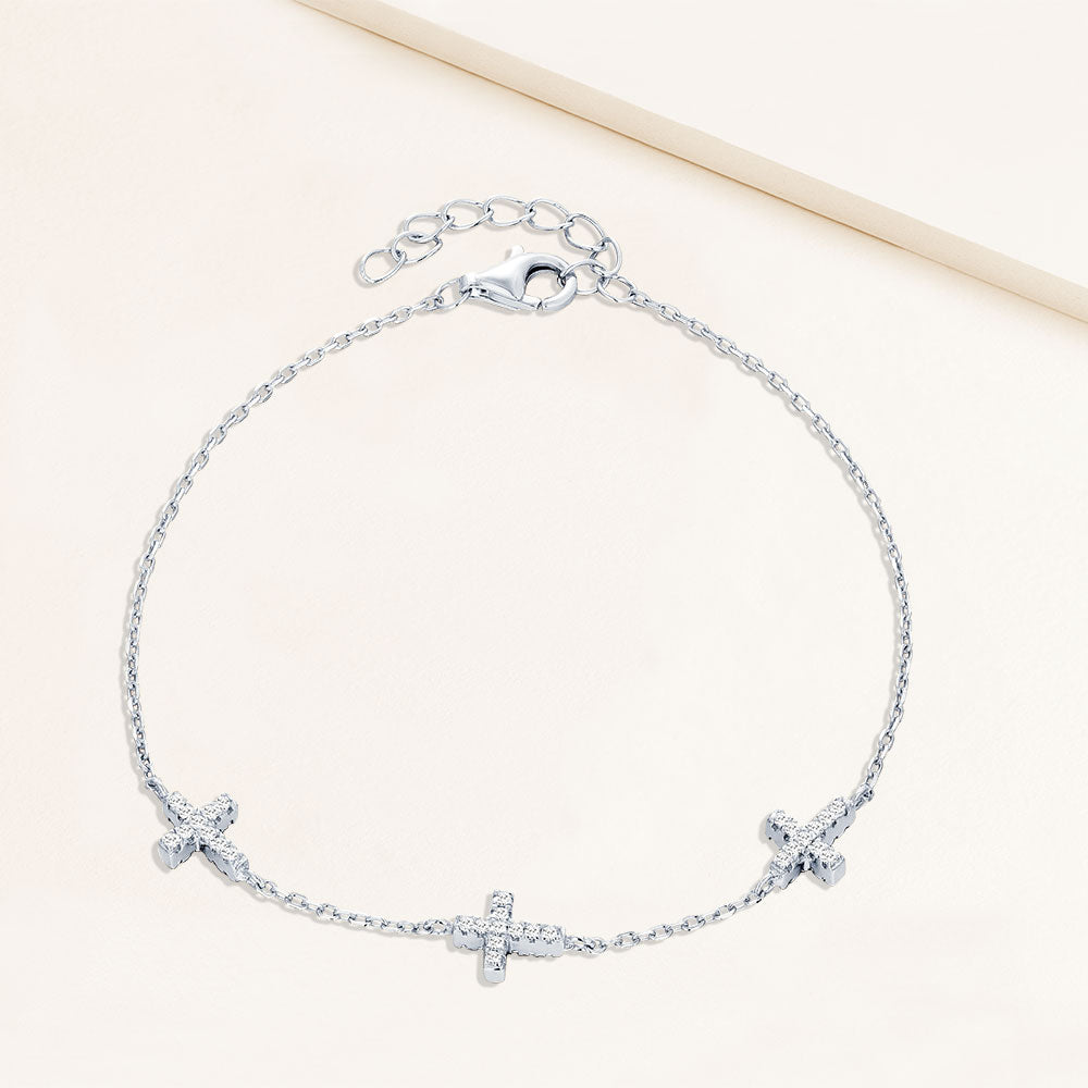 "Guardian Angel" Sterling Silver 1.0CTW Three Station Cross Bracelet