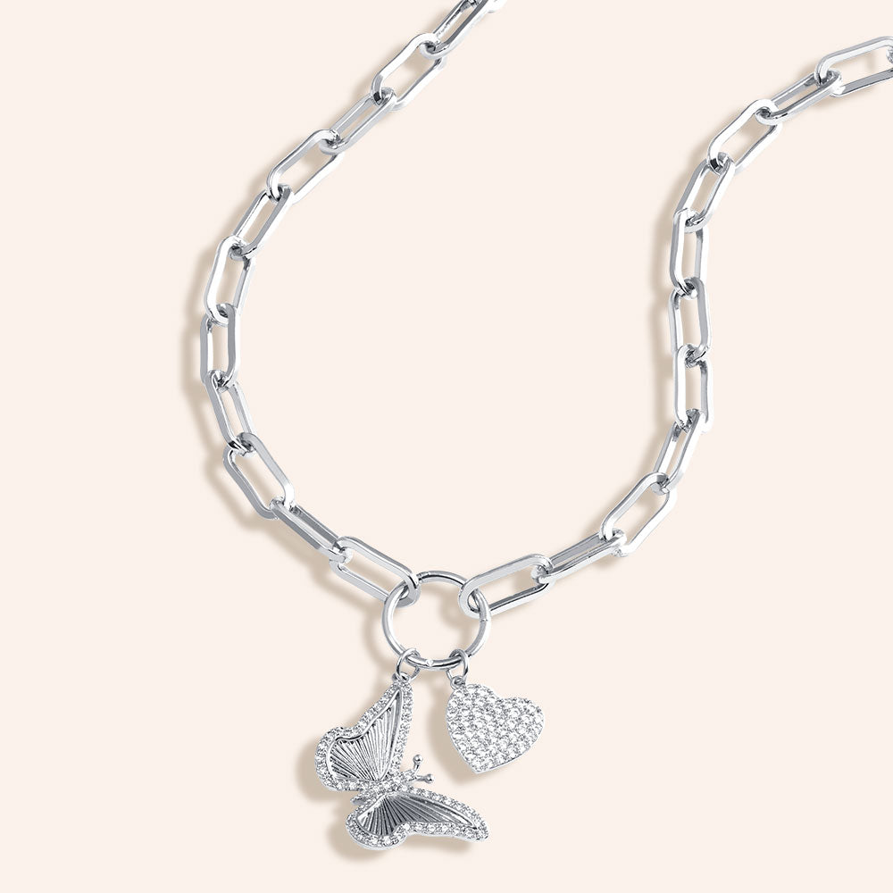"Cherish your Liberty" Multi Charm Thick Link Chain 26" Long Necklace Set - Butterfly & Heart Charms