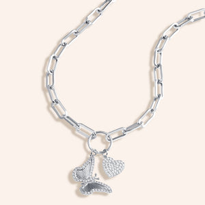 "Cherish your Liberty" Multi Charm Thick Link Chain 26" Long Necklace Set - Butterfly & Heart Charms