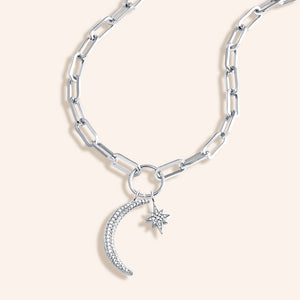 "Protects & Empowers" Multi Charm Thick Link Chain 26" Long Necklace Set - Moon & North Star Charms