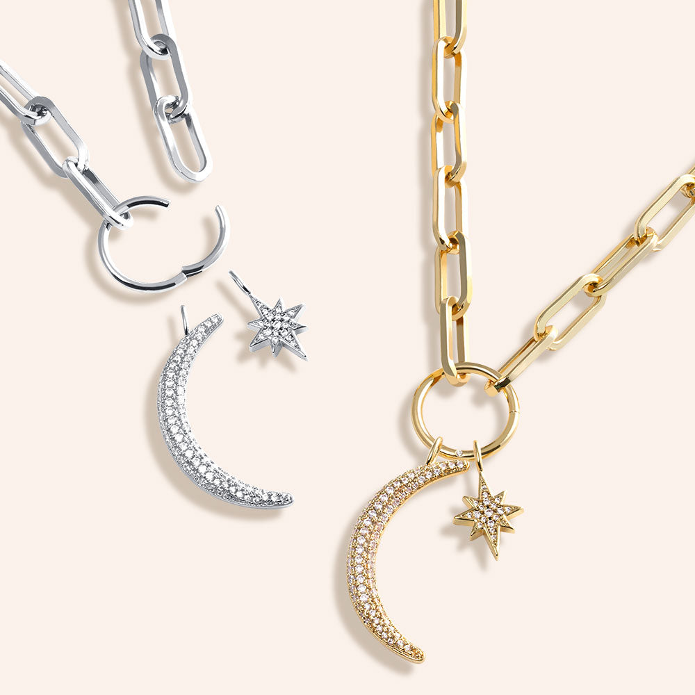 "Protects & Empowers" Multi Charm Thick Link Chain 26" Long Necklace Set - Moon & North Star Charms