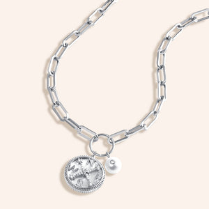 "Wisdom & Guidance" Multi Charm Thick Link Chain 26" Long Necklace Set - Compass & Pearl Charms