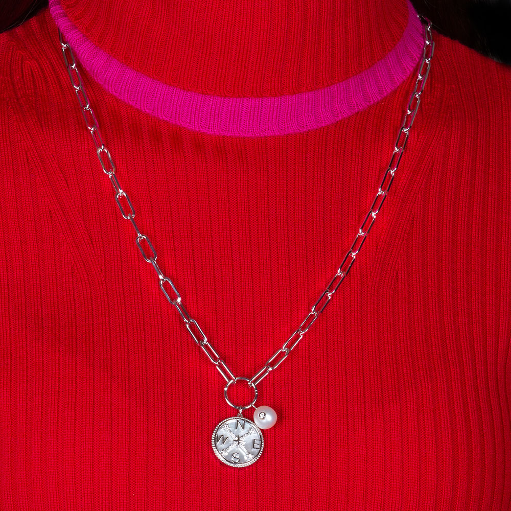 "Wisdom & Guidance" Multi Charm Thick Link Chain 26" Long Necklace Set - Compass & Pearl Charms