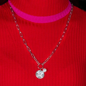 "Wisdom & Guidance" Multi Charm Thick Link Chain 26" Long Necklace Set - Compass & Pearl Charms