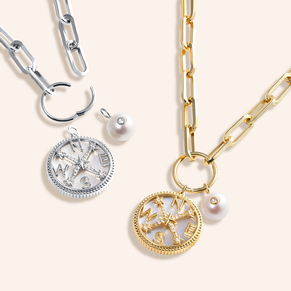 "Wisdom & Guidance" Multi Charm Thick Link Chain 26" Long Necklace Set - Compass & Pearl Charms