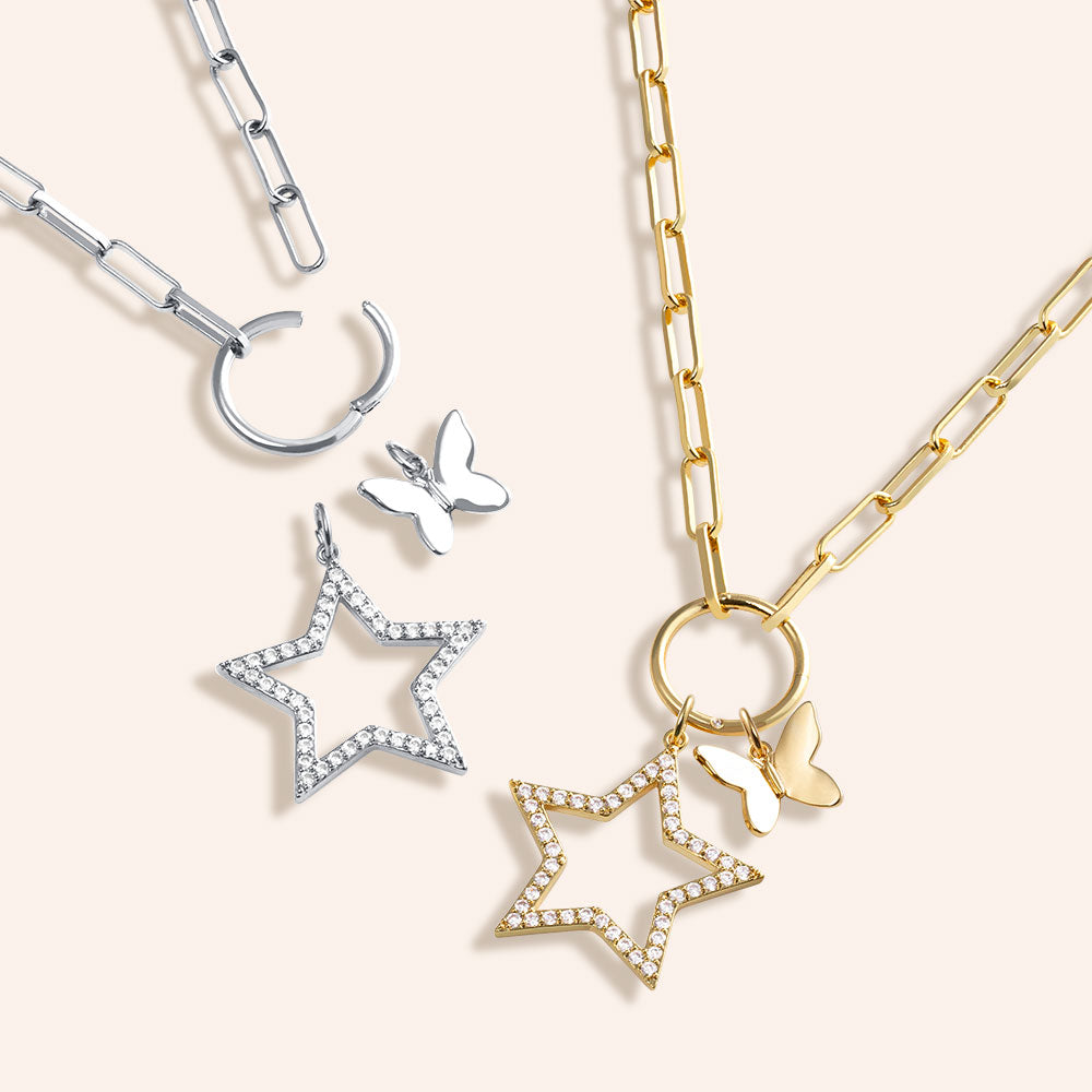 "Free to Shine" Multi Charm Thin Link Chain 18" Necklace Set - Open Star & Butterfly Charms