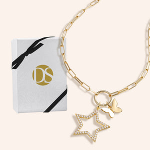 "Free to Shine" Multi Charm Thin Link Chain 18" Necklace Set - Open Star & Butterfly Charms