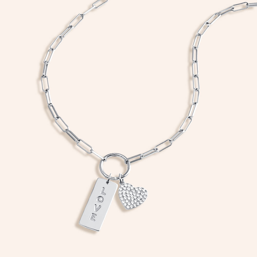 "Love is in the Air" Multi Charm Thin Link Chain 18" Necklace Set - Pave Heart & Love Tag Charms