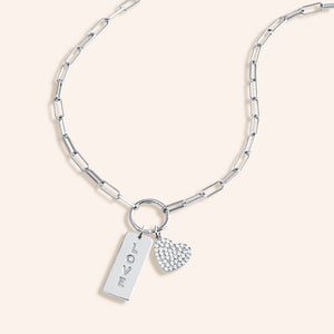 "Love is in the Air" Multi Charm Thin Link Chain 18" Necklace Set - Pave Heart & Love Tag Charms