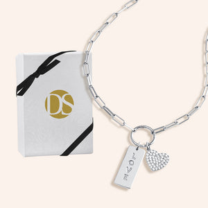 "Love is in the Air" Multi Charm Thin Link Chain 18" Necklace Set - Pave Heart & Love Tag Charms