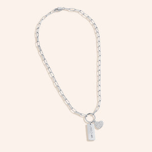 "Love is in the Air" Multi Charm Thin Link Chain 18" Necklace Set - Pave Heart & Love Tag Charms