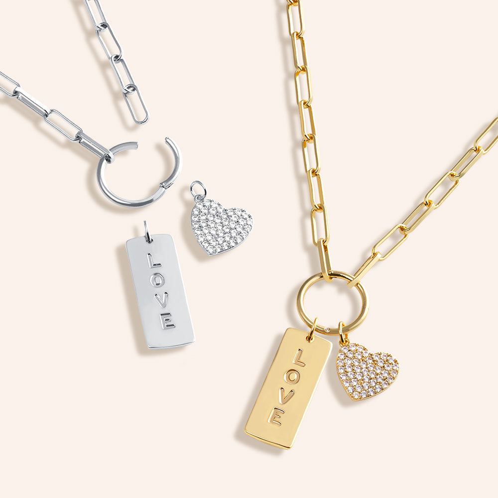 "Love is in the Air" Multi Charm Thin Link Chain 18" Necklace Set - Pave Heart & Love Tag Charms