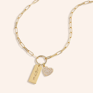 "Love is in the Air" Multi Charm Thin Link Chain 18" Necklace Set - Pave Heart & Love Tag Charms