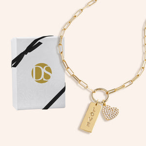 "Love is in the Air" Multi Charm Thin Link Chain 18" Necklace Set - Pave Heart & Love Tag Charms