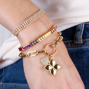 "4 Petals Blossom" Multi Charm Medium Link Chain Bracelet Set - Flower & Pave Circle Charms