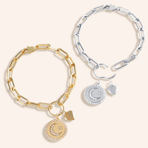 "You are my World" Multi Charm Thick Link Chain Bracelet Set - Moon & Heart Charms