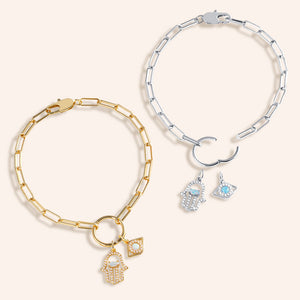 "Always Protects Me" Multi Charm Thin Link Chain Bracelet Set - Evil Eye & Hand Charms Gold