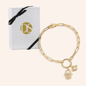 "Always Protects Me" Multi Charm Thin Link Chain Bracelet Set - Evil Eye & Hand Charms Gold