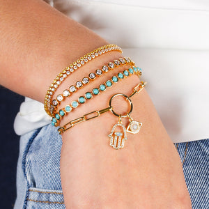 "Always Protects Me" Multi Charm Thin Link Chain Bracelet Set - Evil Eye & Hand Charms Gold
