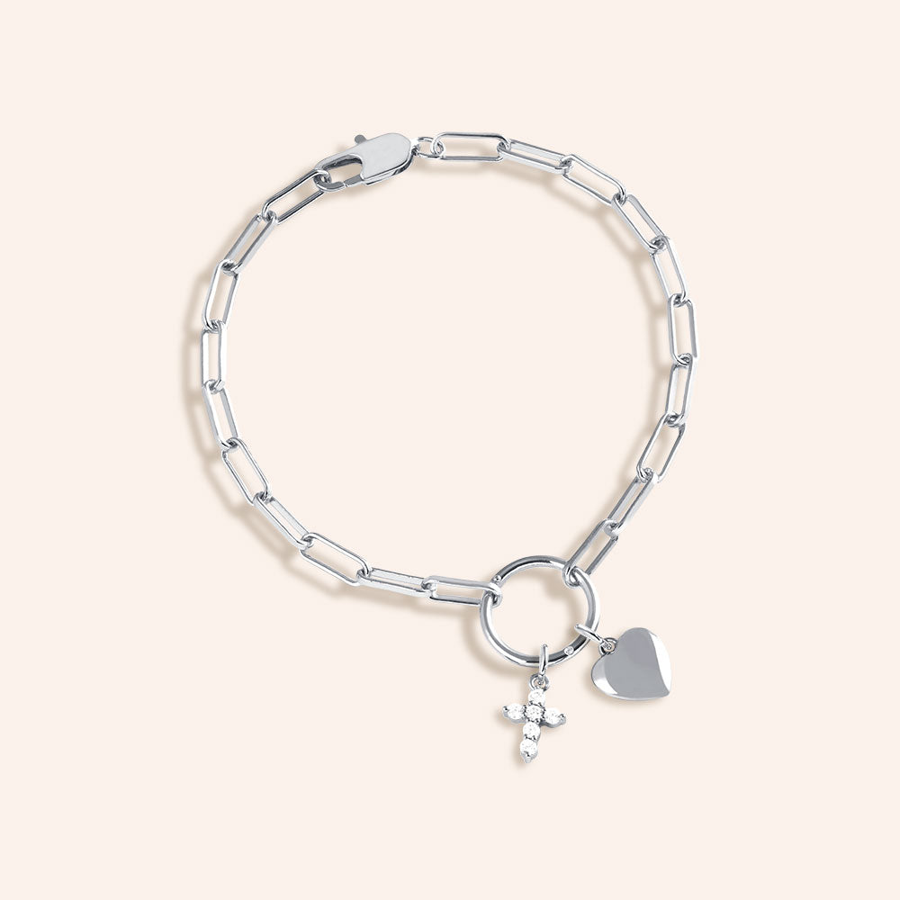 "Love & Devotion" Multi Charm Thin Link Chain Bracelet Set - Pave Cross & Heart Charms