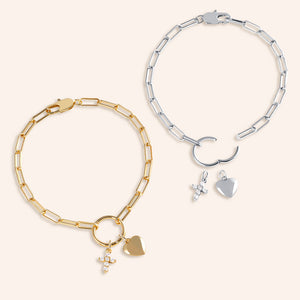 "Love & Devotion" Multi Charm Thin Link Chain Bracelet Set - Pave Cross & Heart Charms