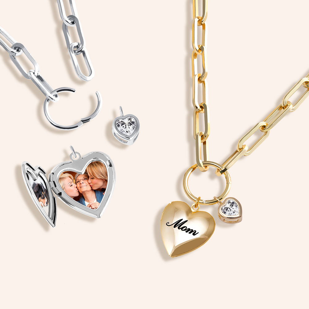 "I Love you Mom" Multi Charm Thick Link Chain 26" Long Necklace Set - Heart Locket & Diamond Charms