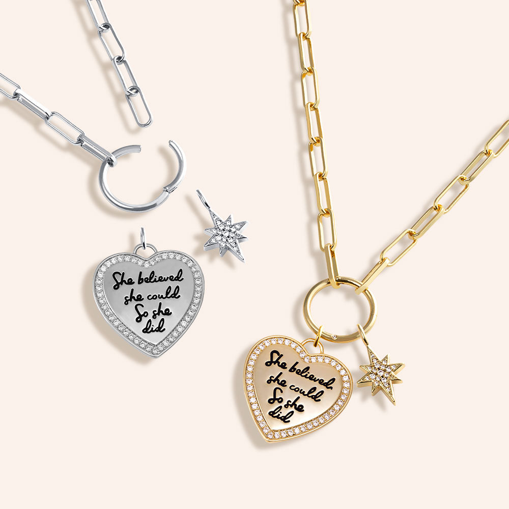 "She Believed She Could, So She Did" Multi Charm Thin Link Chain 18" Necklace Set - Pave Heart & North Star Charms