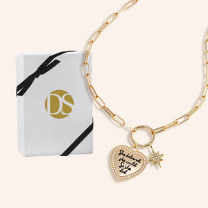 "She Believed She Could, So She Did" Multi Charm Thin Link Chain 18" Necklace Set - Pave Heart & North Star Charms