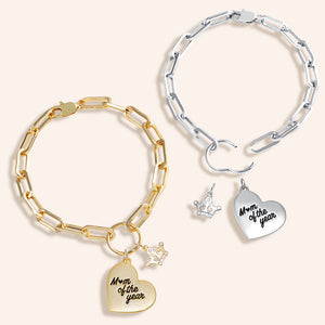 "Mom of the year" Multi Charm Thick Link Chain Bracelet Set - Heart & Crown Charms